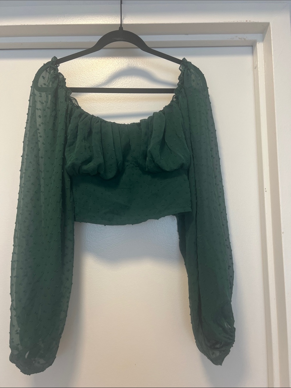 Dark Green Swiss Dot Off-Shoulder Long Sleeve Crop Top